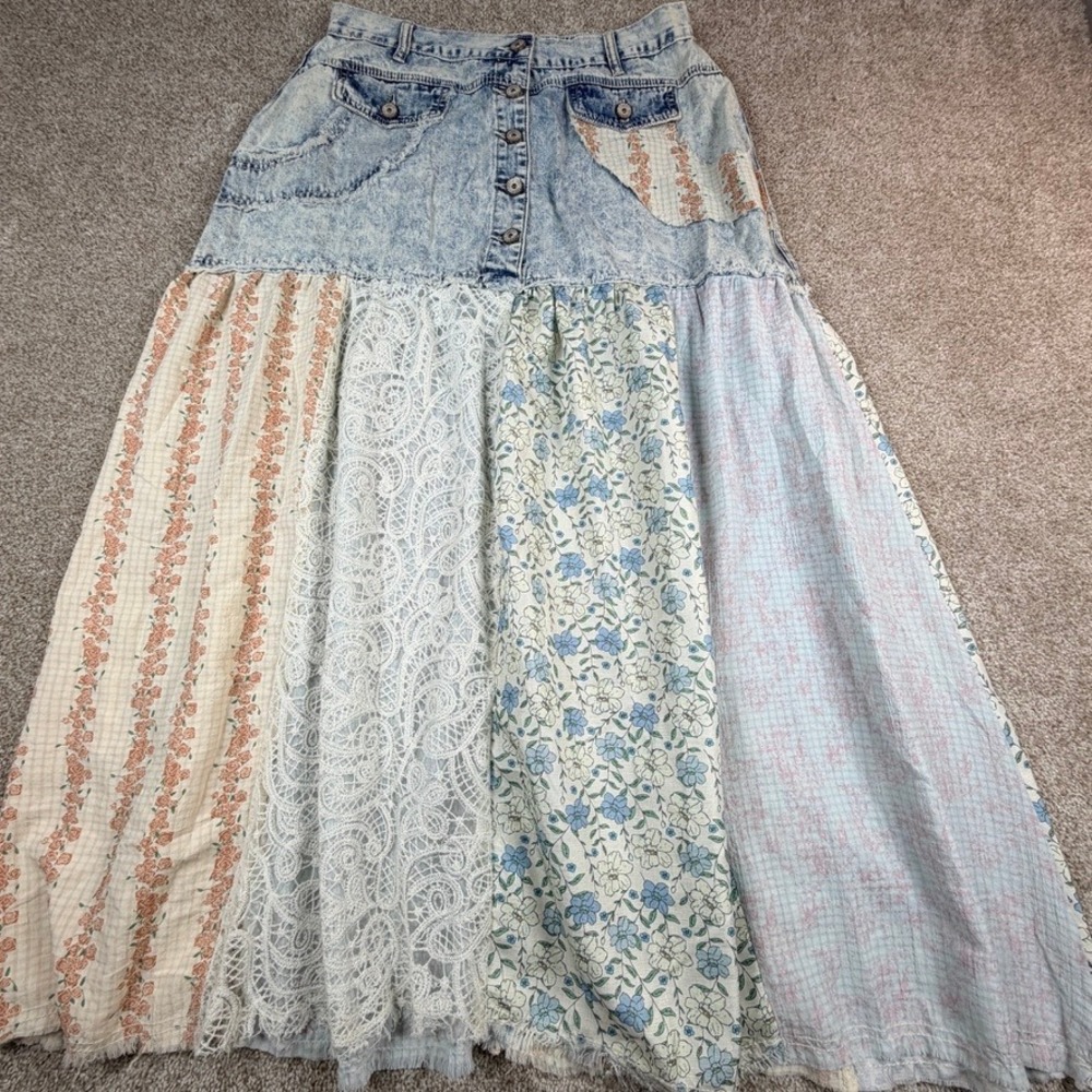 POL Clothing Patchwork Denim Maxi Skirt Acid Wash Floral Lace GWS20 Medium